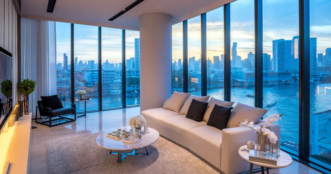 Banyan Tree Riverside Residences Bangkok living room at dawn