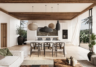 Chandra Samui designer villas - living room and kitchen view