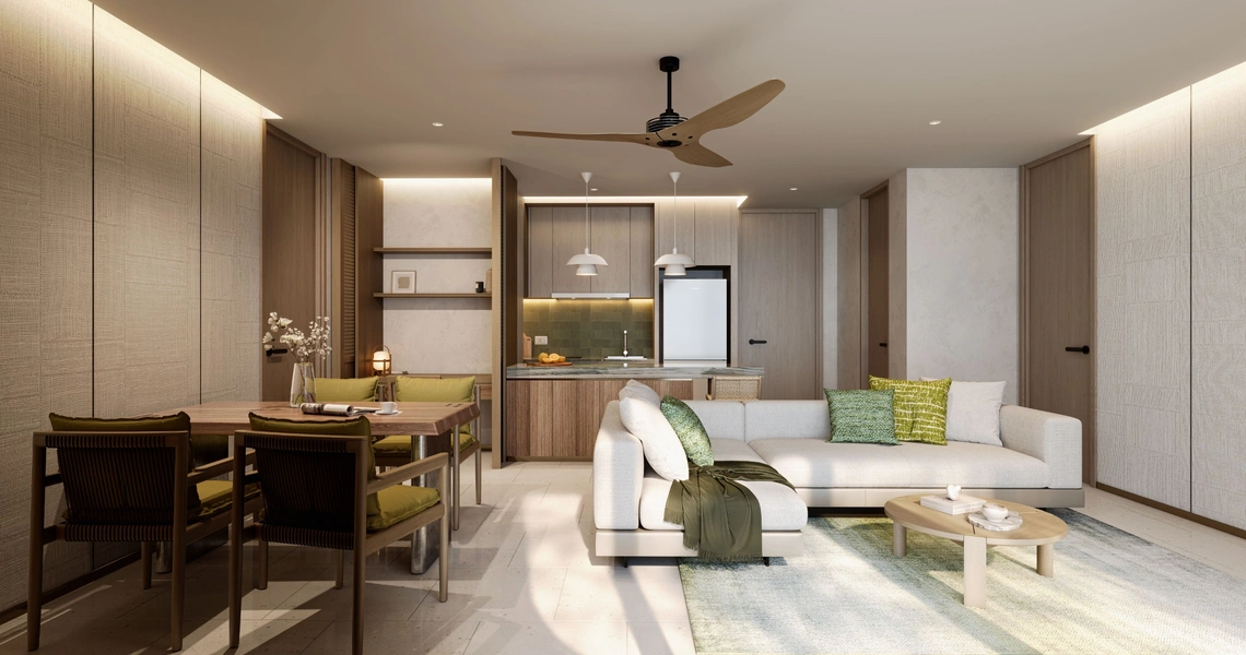 Laguna Aster Phuket luxury condo - 2-bedroom living room and kitchenette