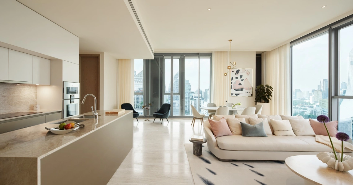 Scope Langsuan ultraluxury Bangkok condo - kitchen and living space