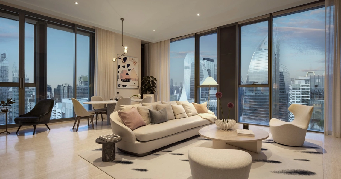 Scope Langsuan ultraluxury Bangkok condo - living room at dusk