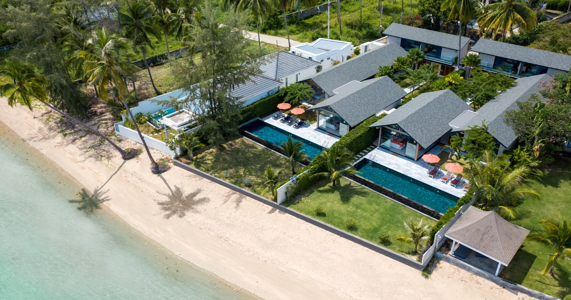 Luxury villas on Samui 5 Bedroom Beachfront Villas in Baan Talay drone view